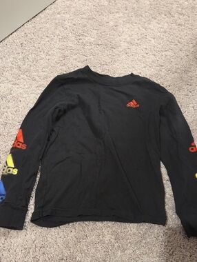 adidas Black Long-Sleeve Tee with Multicolor Logo Sleeves